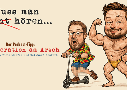 Karikatur zweier Comicfiguren: Ein muskulöser Mann in goldener Badehose posiert selbstzufrieden, während ein anderer mit Brille und Hawaiihemd erschrocken auf einem E-Scooter davonfährt. Darüber steht ironisch der Schriftzug „Muss man hören…“. Humorvolle Illustration zum Podcast-Artikel.