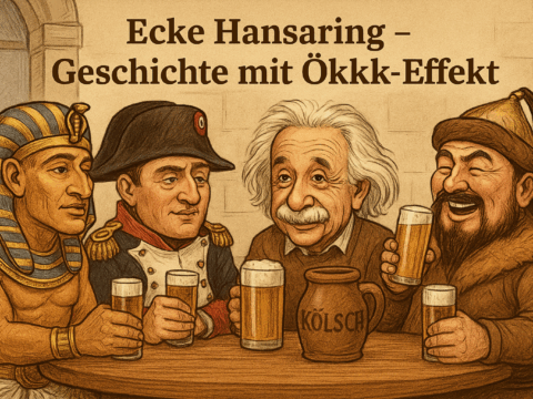 Karikatur von Ramses, Napoleon, Einstein und Dschingis Khan, die in einem kölschen Brauhaus bei Kölsch und Flöz gemeinsam trinken und lachen. Humorvolle, detailreiche Szene mit satirischem Anklang.