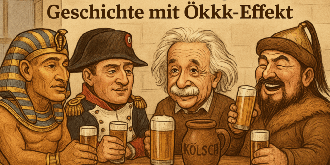Karikatur von Ramses, Napoleon, Einstein und Dschingis Khan, die in einem kölschen Brauhaus bei Kölsch und Flöz gemeinsam trinken und lachen. Humorvolle, detailreiche Szene mit satirischem Anklang.