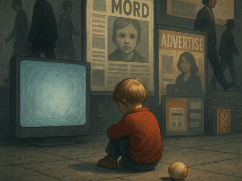 Ein kleines Kind sitzt allein auf einem grauen Betonboden, neben einem alten Fernseher. Im Hintergrund zeigen Plakatwände Schlagzeilen und Werbung, während Erwachsene gleichgültig vorbeigehen. Symbolbild für gesellschaftliche Gleichgültigkeit gegenüber Kindern.
