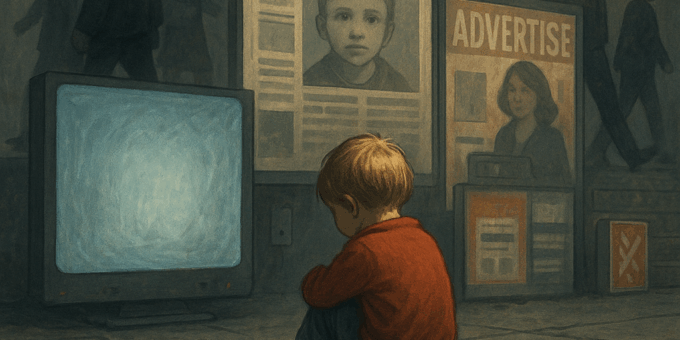 Ein kleines Kind sitzt allein auf einem grauen Betonboden, neben einem alten Fernseher. Im Hintergrund zeigen Plakatwände Schlagzeilen und Werbung, während Erwachsene gleichgültig vorbeigehen. Symbolbild für gesellschaftliche Gleichgültigkeit gegenüber Kindern.