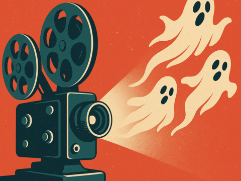 Ein retro-inspiriertes Banner zeigt einen alten Filmprojektor, aus dessen Lichtstrahl geisterhafte Figuren und Musiknoten schweben. Symbolisches Bild zum Thema Filmklassiker und missglücktes Remake.
