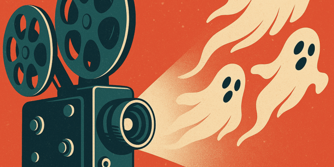 Ein retro-inspiriertes Banner zeigt einen alten Filmprojektor, aus dessen Lichtstrahl geisterhafte Figuren und Musiknoten schweben. Symbolisches Bild zum Thema Filmklassiker und missglücktes Remake.