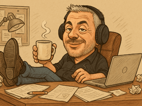 Karikatur eines Mannes mit grauen, kurzen Haaren, der entspannt mit Kopfhörern am chaotischen Schreibtisch sitzt, eine Kaffeetasse in der Hand hält und die Füße auf den Tisch gelegt hat – Symbol für kreatives Arbeiten im kontrollierten Chaos.
