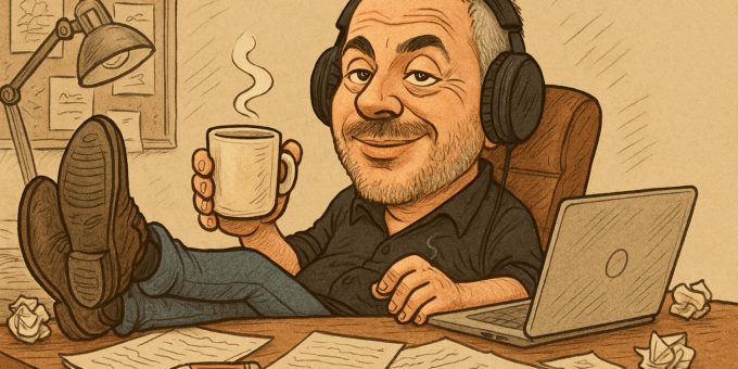 Karikatur eines Mannes mit grauen, kurzen Haaren, der entspannt mit Kopfhörern am chaotischen Schreibtisch sitzt, eine Kaffeetasse in der Hand hält und die Füße auf den Tisch gelegt hat – Symbol für kreatives Arbeiten im kontrollierten Chaos.