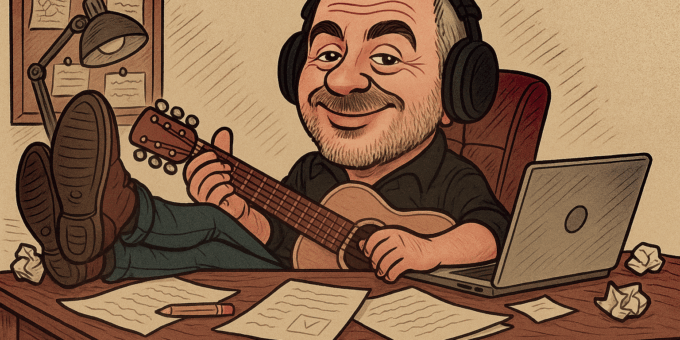 Karikatur eines Mannes mit Kopfhörern, der entspannt mit den Füßen auf dem Schreibtisch sitzt und eine Gitarre spielt.